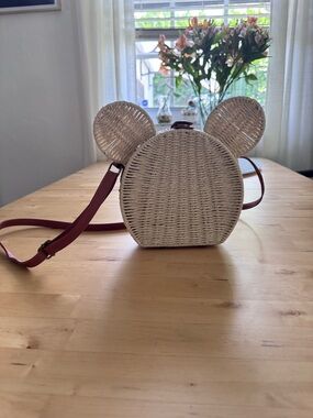 DISNEY MICKEY MOUSE WOVEN RATTAN BAG WITH BROWN STRAP